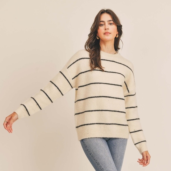 LUSH Oversized Knit Sweater Ivory with Black Stripes - Picture 1 of 10
